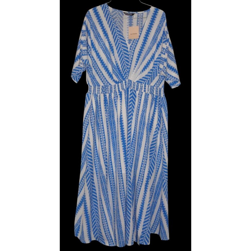 Bloomchic Blue White VNeck Dress 1X 14-16 Shirred Split Hem Long Maxi Pockets